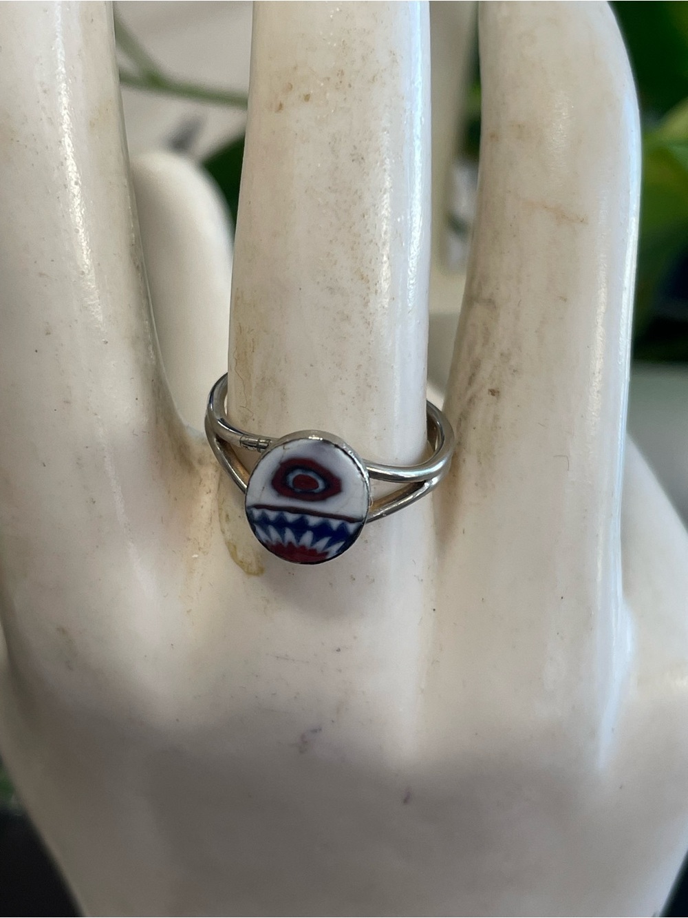 Silver Red & Blue Enamel Eye Ring